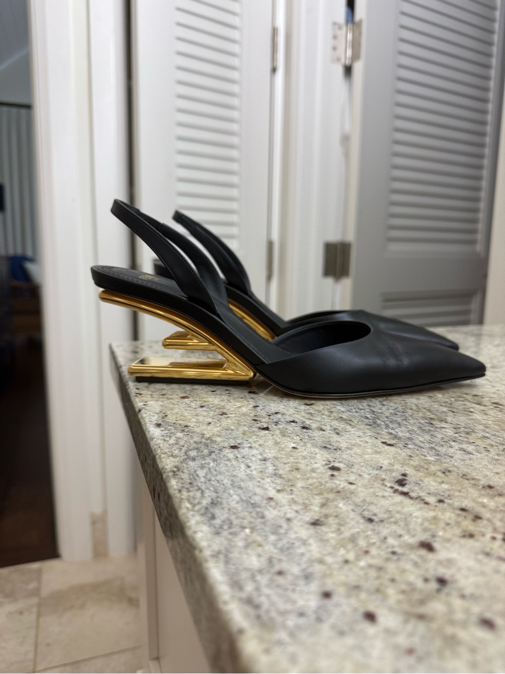 Fendi Black Leather Slingbacks with Gold F Sculptural Heel Accents